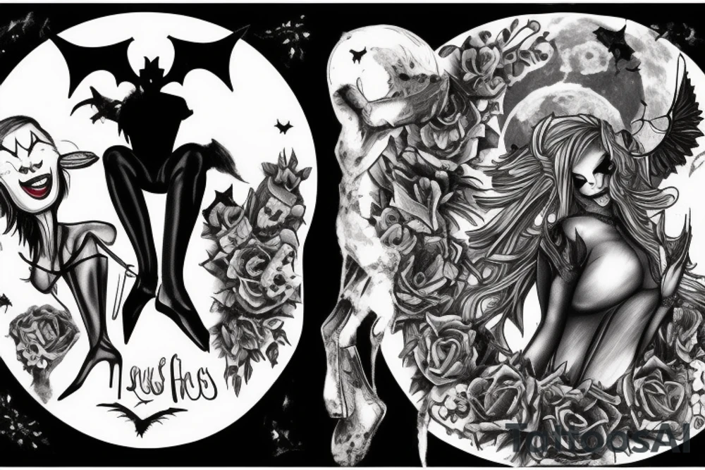 Joker holds in his arms a girl dressed only in leather pants and heels and has a bare back. In the background a grotesque castle, bats fly around the full moon. On the ground a small cemetery with three headstones tattoo idea