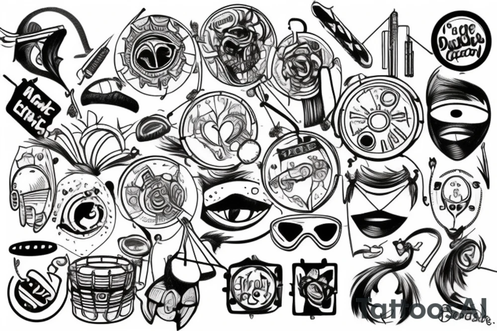 Make an positive drum and bass inspirerad tatoo, to cover up a sad and happy theater masks tatoo on my forearm tattoo idea