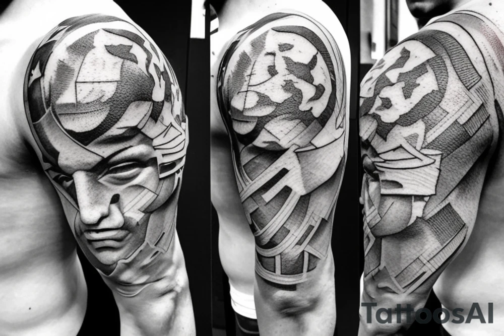 On a set of cracked cement steps, a firefighter dressed in fire gear portrayed Atlas, the Greek god, as he supported a burning globe on his shoulders while kneeling. tattoo idea