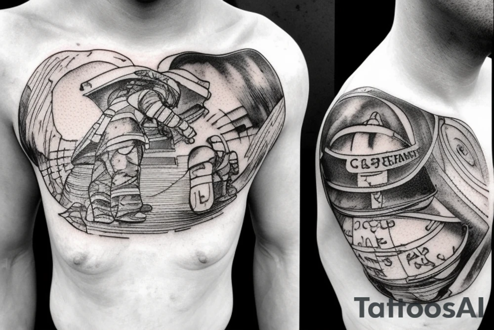 On a set of cracked cement steps, a firefighter dressed in fire gear portrayed Atlas, the Greek god, as he supported a burning globe on his shoulders while kneeling. tattoo idea