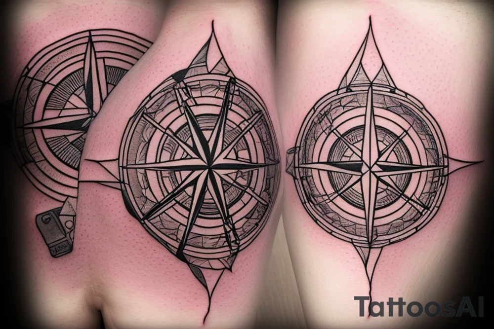 compass with travel objects included in the periphery tattoo idea