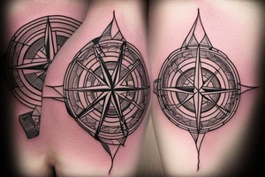 compass with travel objects included in the periphery tattoo idea