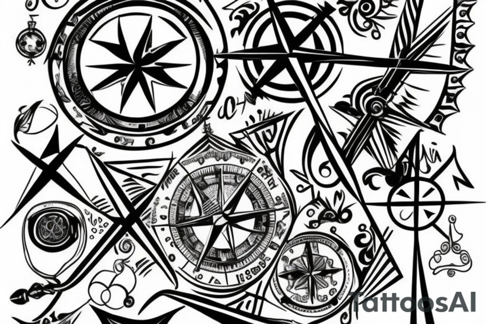 compass with travel objects included in the periphery tattoo idea