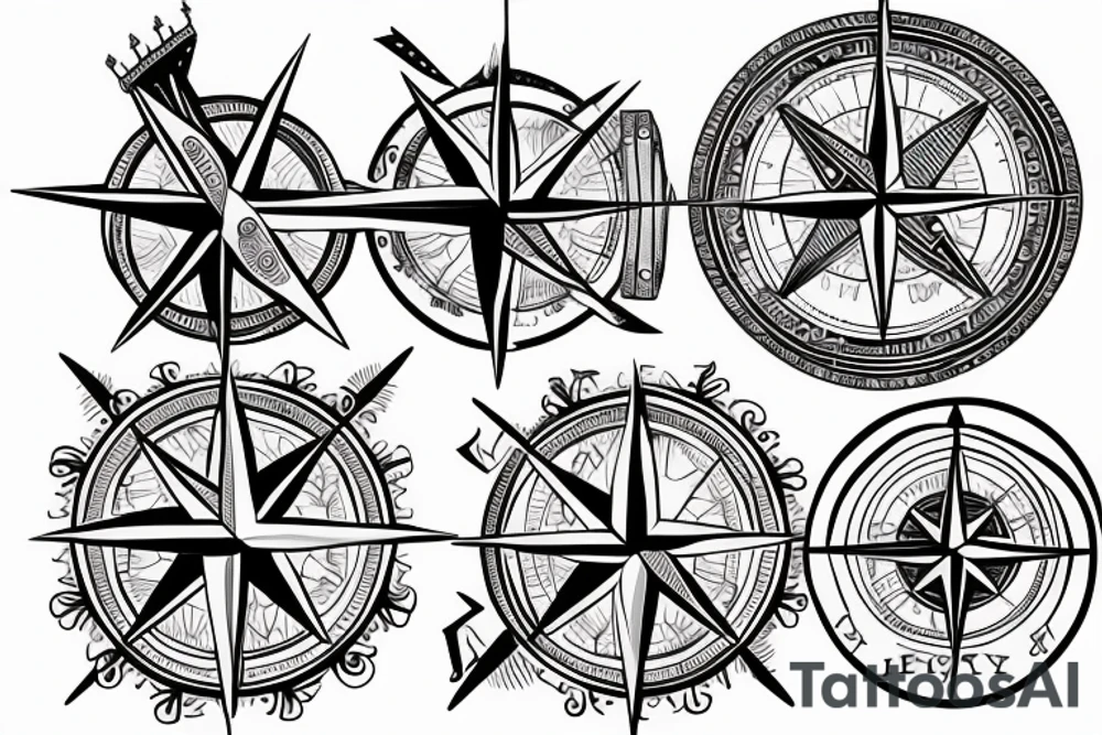 compass with travel objects included in the periphery tattoo idea