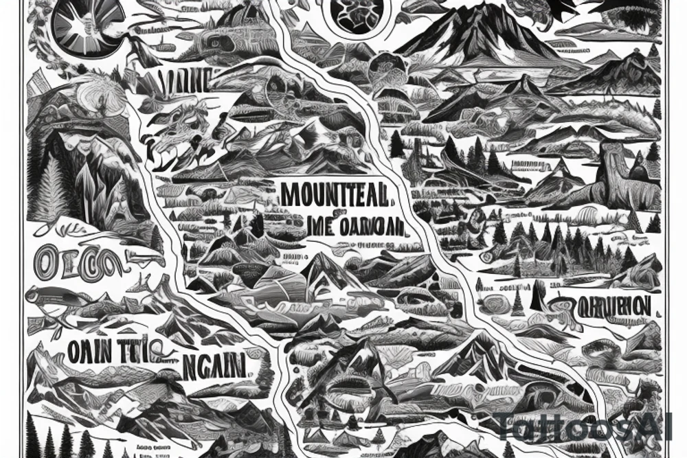 Oregon and Idaho connected as seen on a map. With a wildlife scene that stretches from the Oregon Coast to the Mountainous east Idaho. tattoo idea
