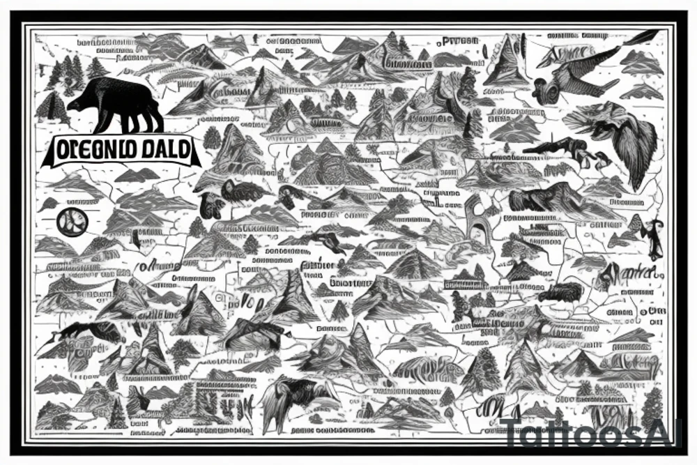 Oregon and Idaho connected as seen on a map. With a wildlife scene that stretches from the Oregon Coast to the Mountainous east Idaho. tattoo idea