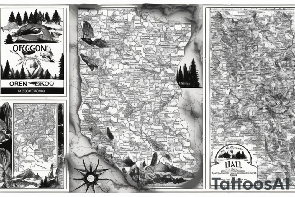 Oregon and Idaho connected as seen on a map. With a wildlife scene that stretches from the Oregon Coast to the Mountainous east Idaho. tattoo idea