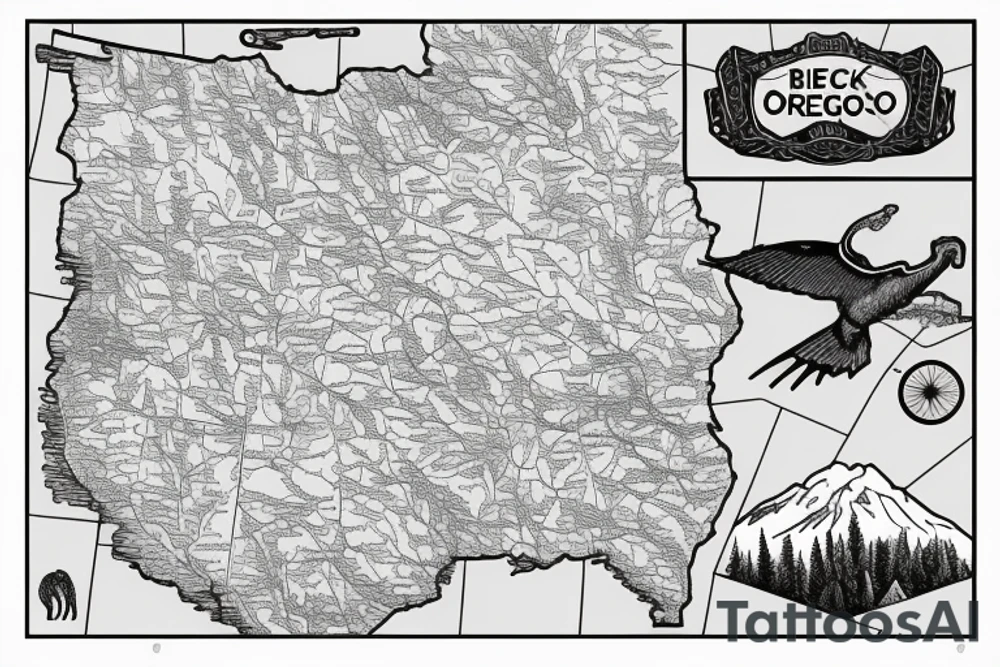 Outlines of only Oregon and Idaho connected as seen on a map. With a wildlife scene that stretches from the Oregon Coast to the Mountainous east Idaho. tattoo idea