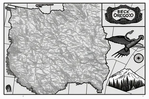 Outlines of only Oregon and Idaho connected as seen on a map. With a wildlife scene that stretches from the Oregon Coast to the Mountainous east Idaho. tattoo idea