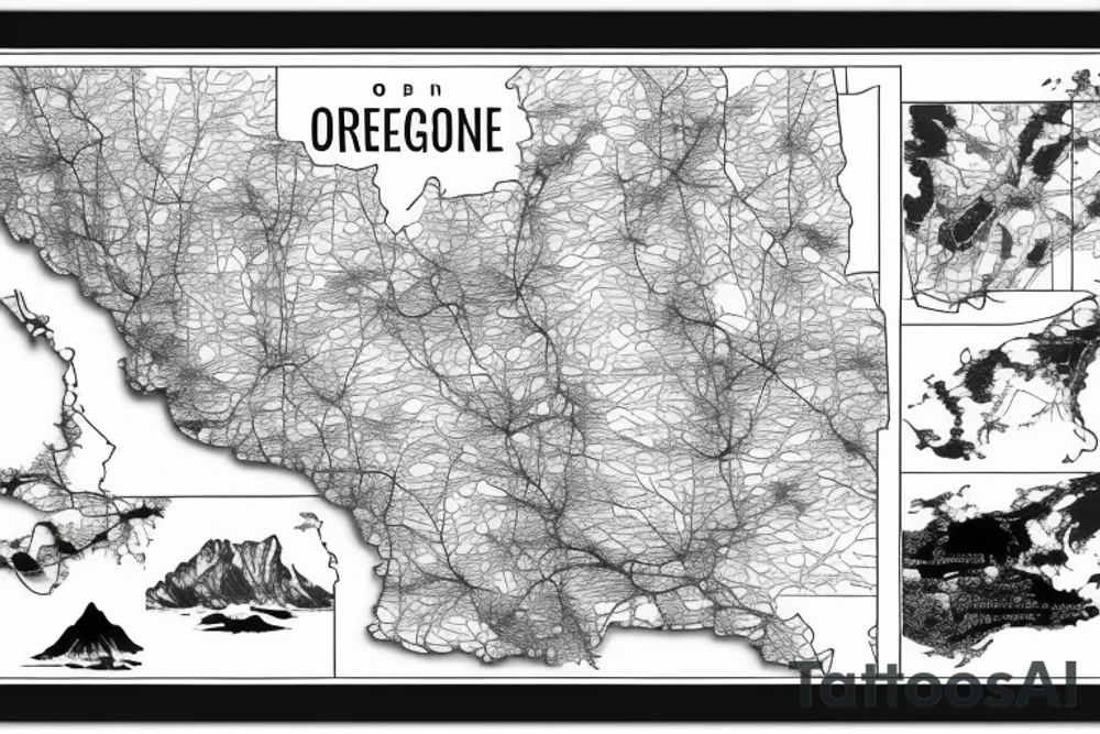 Outlines of only Oregon and Idaho connected as seen on a map. With a wildlife scene that stretches from the Oregon Coast to the Mountainous east Idaho. tattoo idea