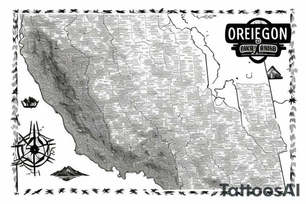 Outlines of only Oregon and Idaho connected as seen on a map. With a wildlife scene that stretches from the Oregon Coast to the Mountainous east Idaho. tattoo idea