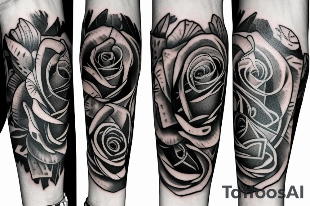 Roses Clock and Bull Sleeve tattoo idea