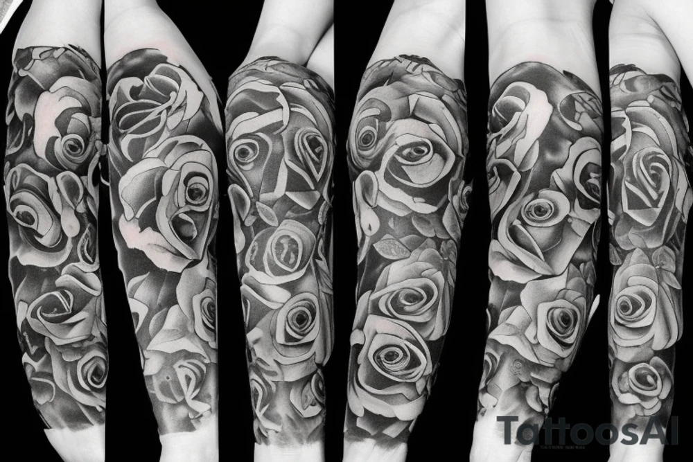 Roses Clock and Bull Sleeve tattoo idea