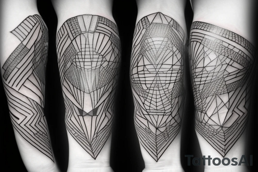 design me a geometric inner arm tattoo from shoulder to wrist that includes a side view of a woman's face. Include lightning strike components with a mix of electrical circuitry tattoo idea