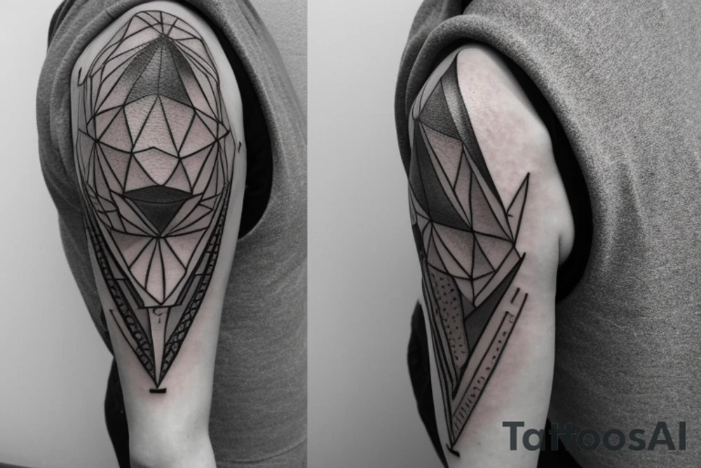 design me a geometric inner arm tattoo from shoulder to wrist that includes a side view of a woman's face. Include lightning strike components tattoo idea