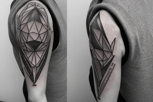 design me a geometric inner arm tattoo from shoulder to wrist that includes a side view of a woman's face. Include lightning strike components tattoo idea
