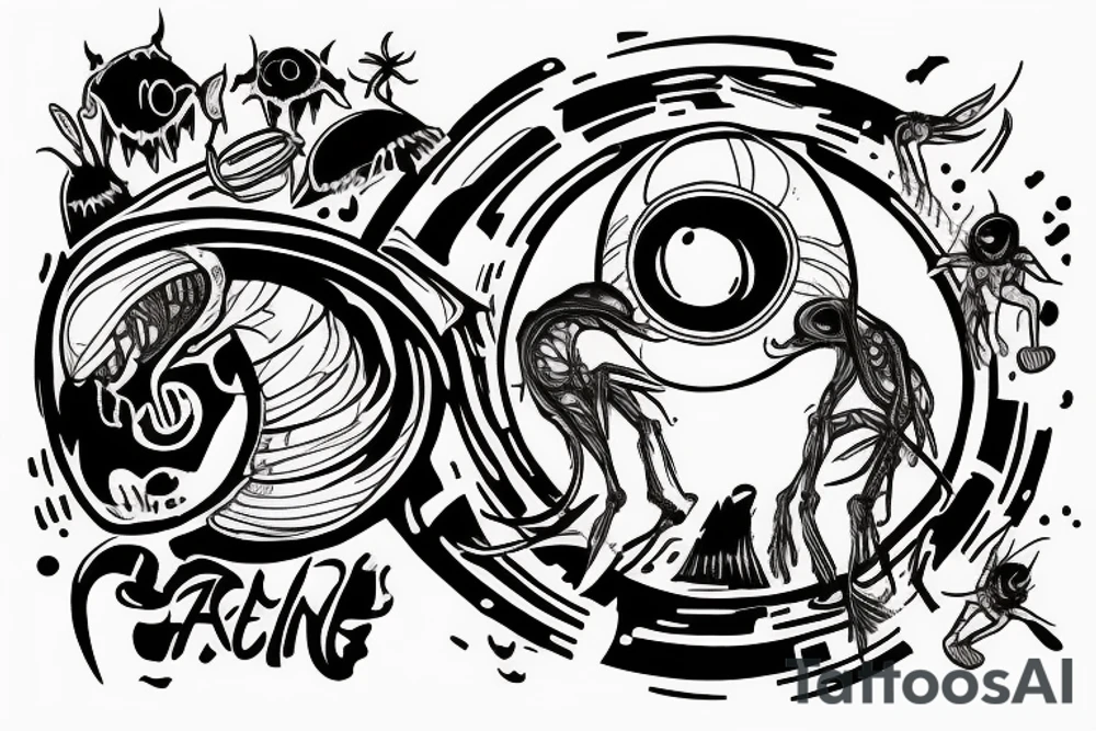 Alien reaching down from space through a portal and human reaching up through portal trying to touch the alien but falls an inch too short tattoo idea