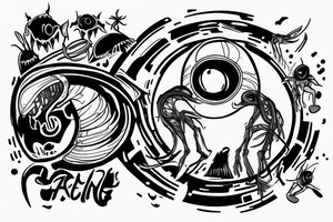 Alien reaching down from space through a portal and human reaching up through portal trying to touch the alien but falls an inch too short tattoo idea