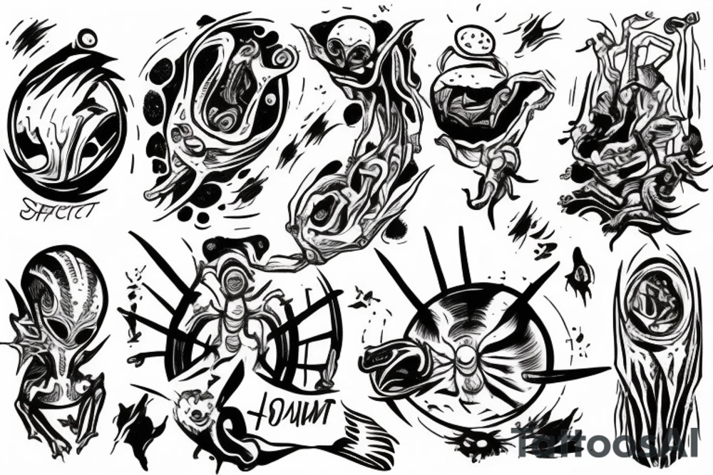 Alien reaching down from space through a portal and human reaching up through portal trying to touch the alien but falls an inch too short tattoo idea