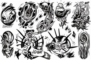 Alien reaching down from space through a portal and human reaching up through portal trying to touch the alien but falls an inch too short tattoo idea