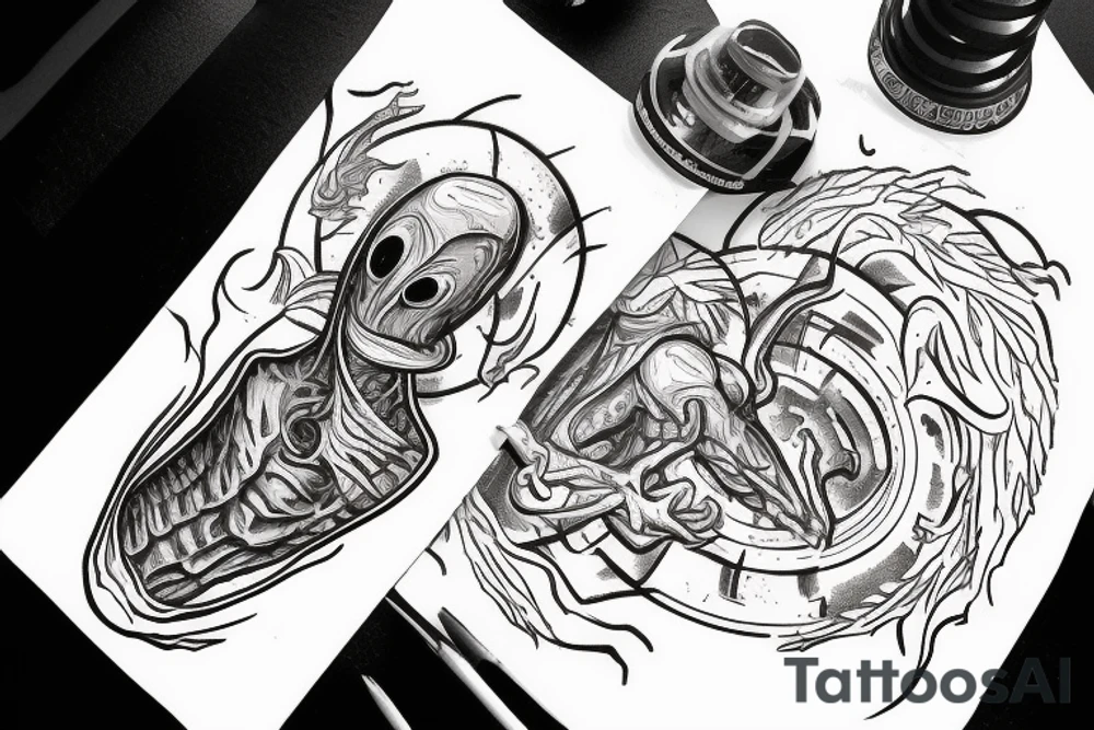Alien reaching down from space through a portal and human reaching up through portal trying to touch the alien but falls an inch too short tattoo idea