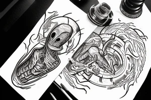 Alien reaching down from space through a portal and human reaching up through portal trying to touch the alien but falls an inch too short tattoo idea