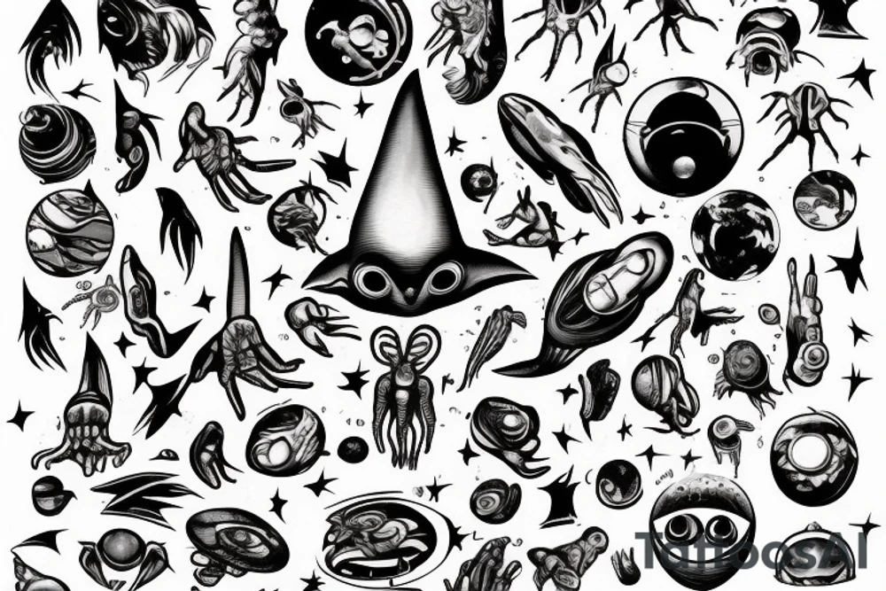 Alien reaching down from space through a portal and human reaching up through portal trying to touch the alien but falls an inch too short tattoo idea