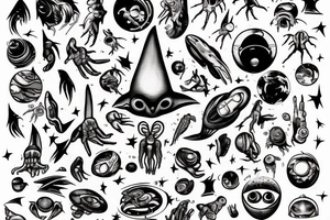 Alien reaching down from space through a portal and human reaching up through portal trying to touch the alien but falls an inch too short tattoo idea