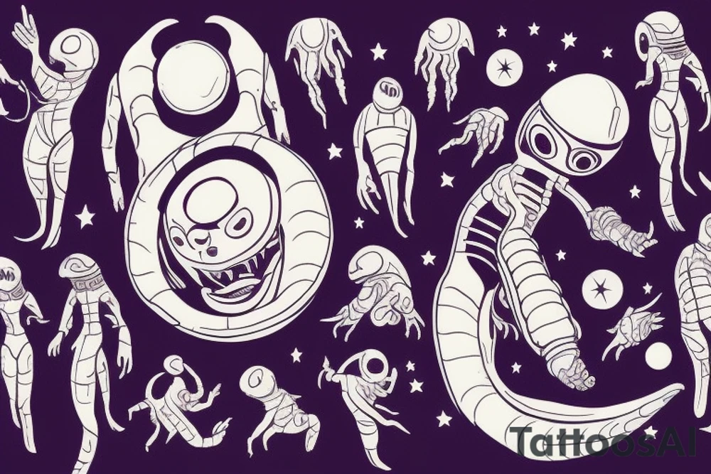 Alien reaching down from space through a portal and human reaching up through portal trying to touch the alien but falls an inch too short tattoo idea