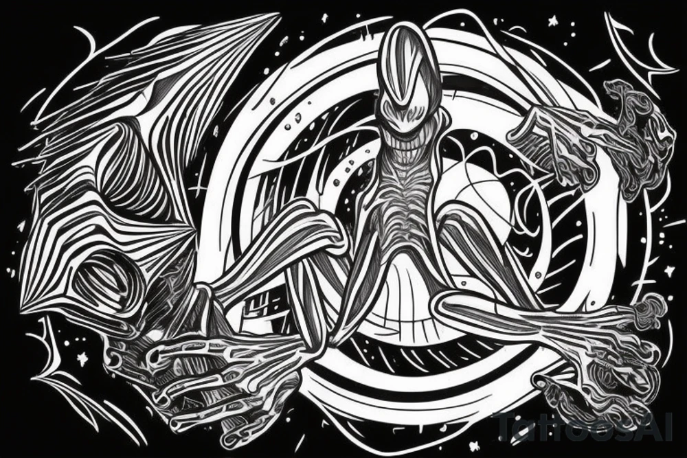 Alien reaching down from space through a portal and human reaching up through portal trying to touch the alien but falls an inch too short tattoo idea