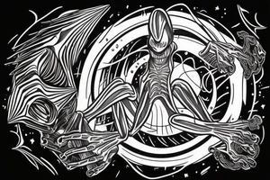 Alien reaching down from space through a portal and human reaching up through portal trying to touch the alien but falls an inch too short tattoo idea