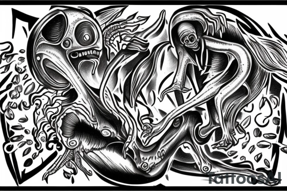 Alien reaching down from space through a portal and human reaching up through portal trying to touch the alien but falls an inch too short tattoo idea