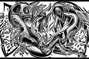 Alien reaching down from space through a portal and human reaching up through portal trying to touch the alien but falls an inch too short tattoo idea