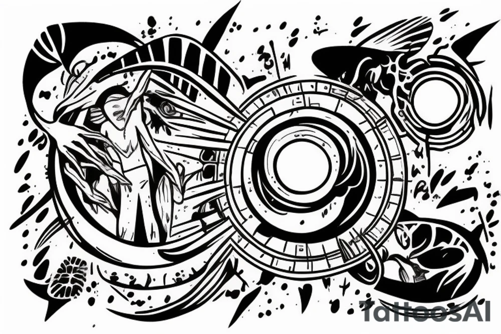 Alien reaching down from space through a portal and human reaching up through portal trying to touch the alien but falls an inch too short tattoo idea