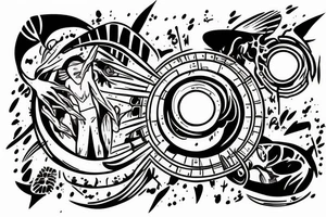 Alien reaching down from space through a portal and human reaching up through portal trying to touch the alien but falls an inch too short tattoo idea
