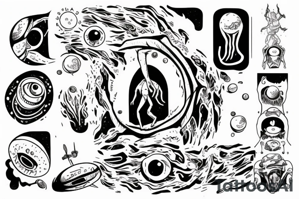 Alien reaching down from space through a portal and human reaching up through portal trying to touch the aliens finger tips but falls an inch too short tattoo idea