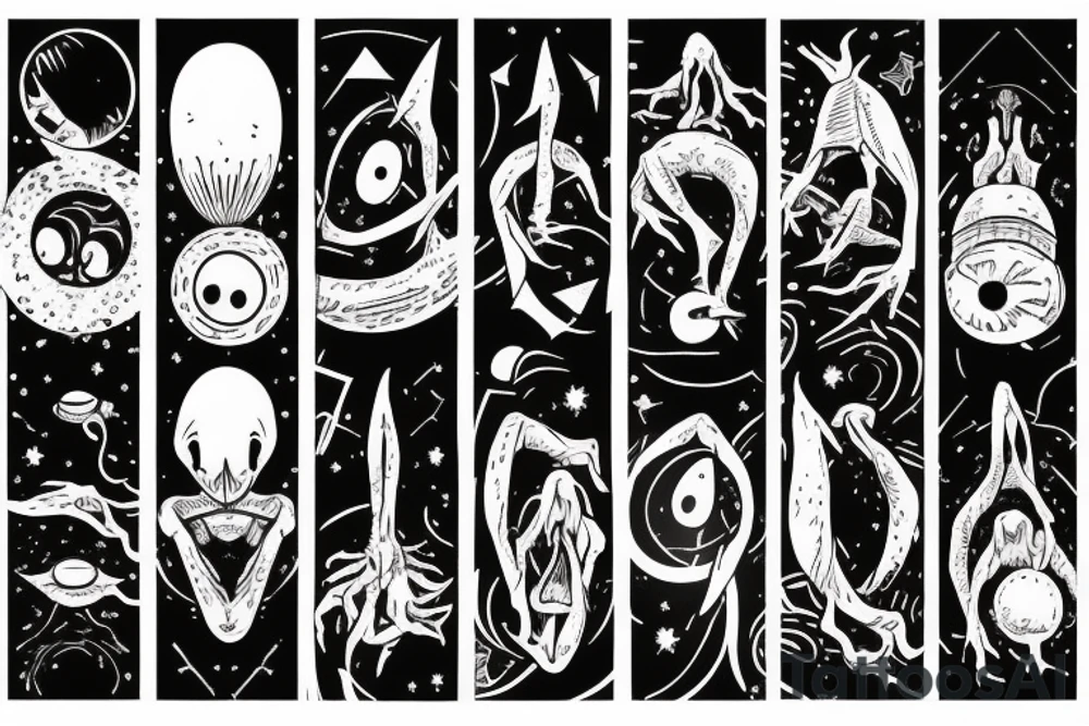Alien reaching down from space through a portal and human reaching up through portal trying to touch the aliens finger tips but falls an inch too short tattoo idea