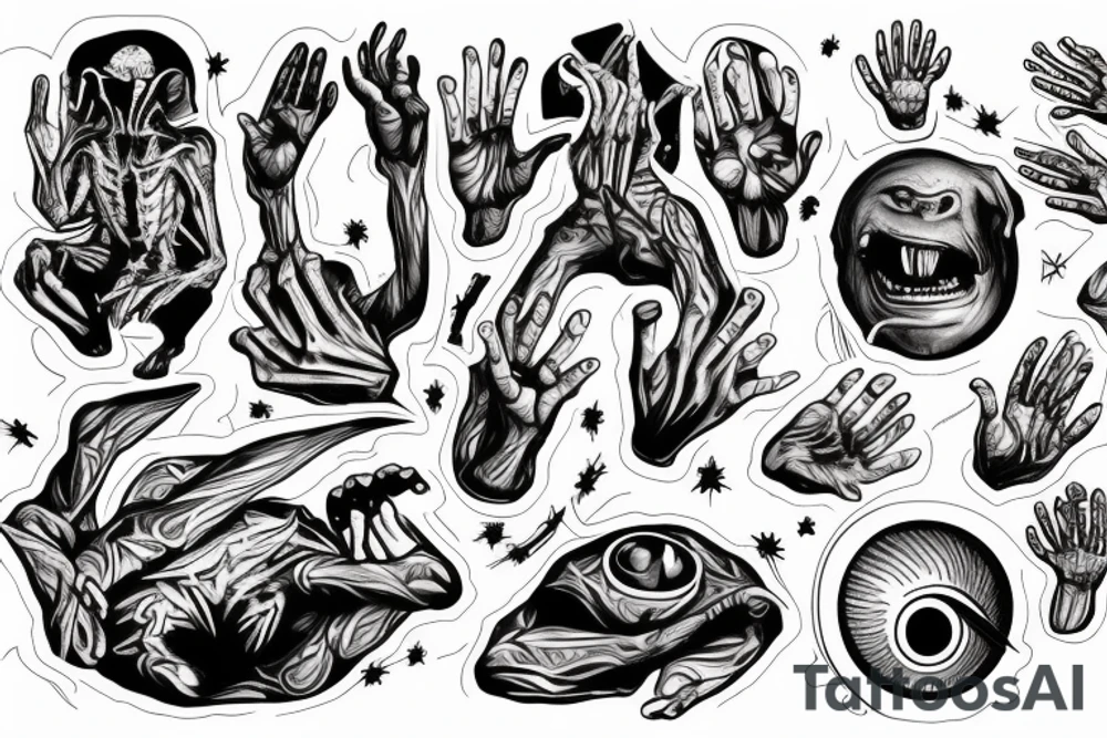 Alien reaching down from space through a portal and human reaching up through portal trying to touch the aliens finger tips but falls an inch too short, in the full portrait mode for an arm piece tattoo idea
