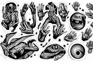 Alien reaching down from space through a portal and human reaching up through portal trying to touch the aliens finger tips but falls an inch too short, in the full portrait mode for an arm piece tattoo idea