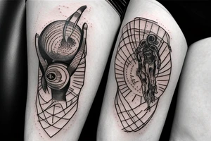 Alien reaching down from space through a portal and human reaching up through portal trying to touch the aliens finger tips but falls an inch too short, in the full portrait mode for an arm piece tattoo idea