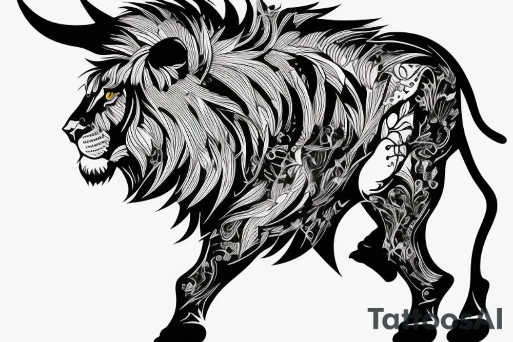 A lion walking behind a bull tattoo idea