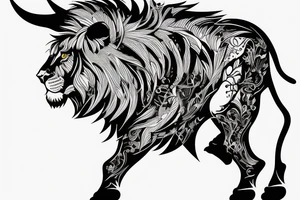 A lion walking behind a bull tattoo idea