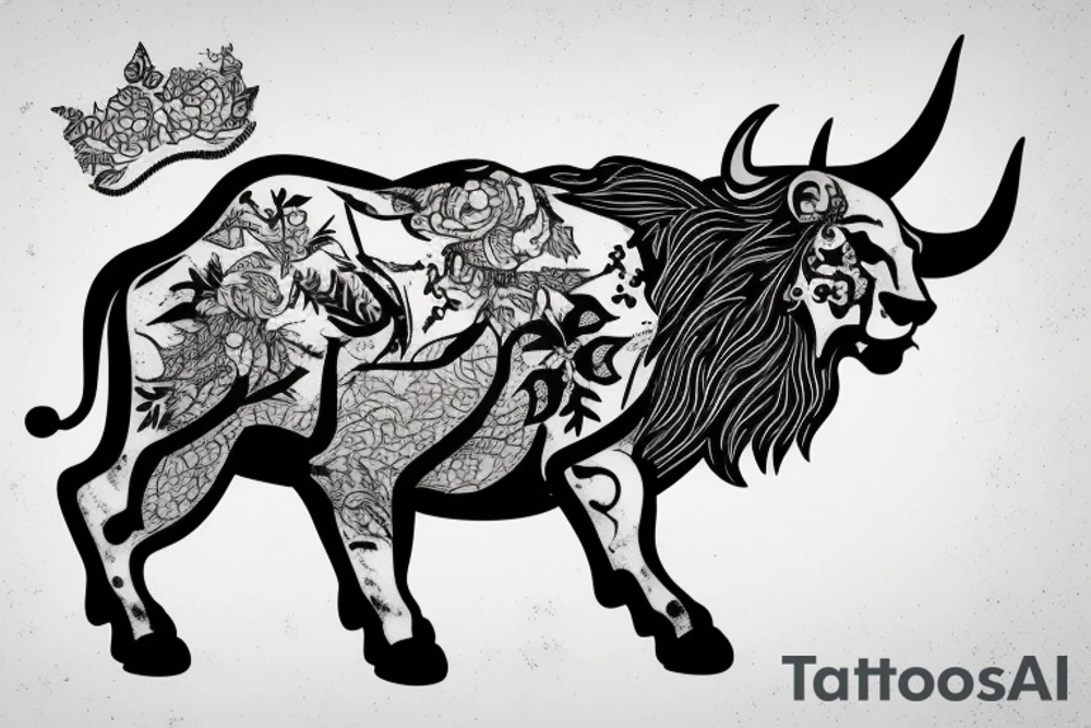 A lion walking behind a bull tattoo idea