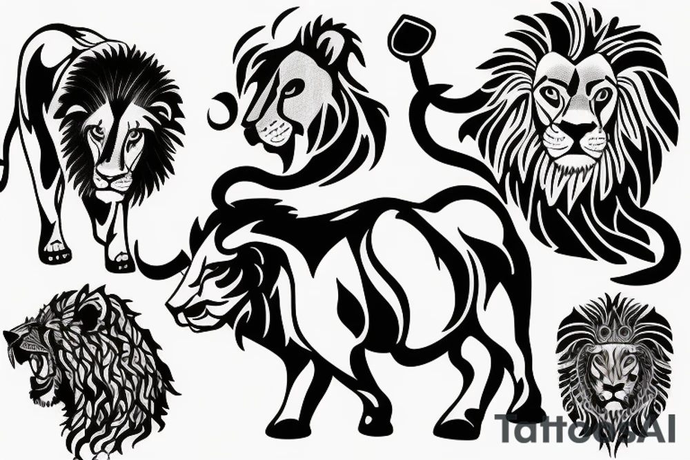 A lion walking and a bull running tattoo idea