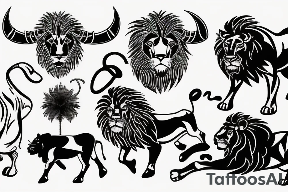 A bull walking and a lion running tattoo idea