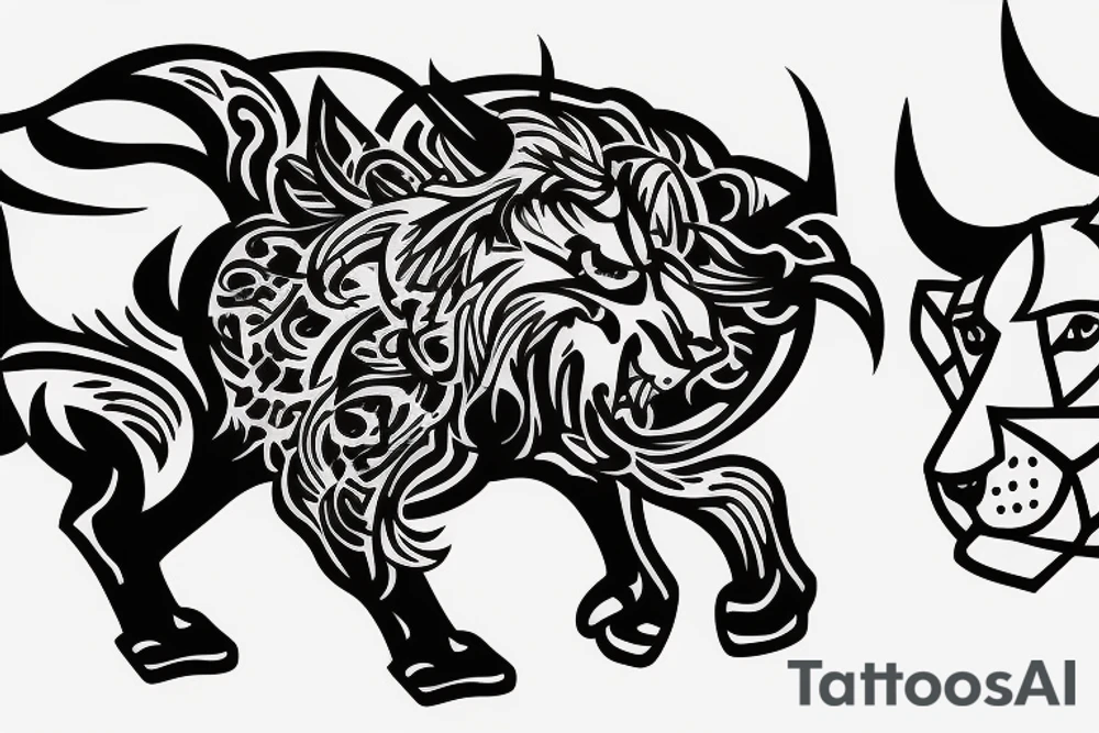 A bull walking and a lion running tattoo idea