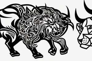 A bull walking and a lion running tattoo idea