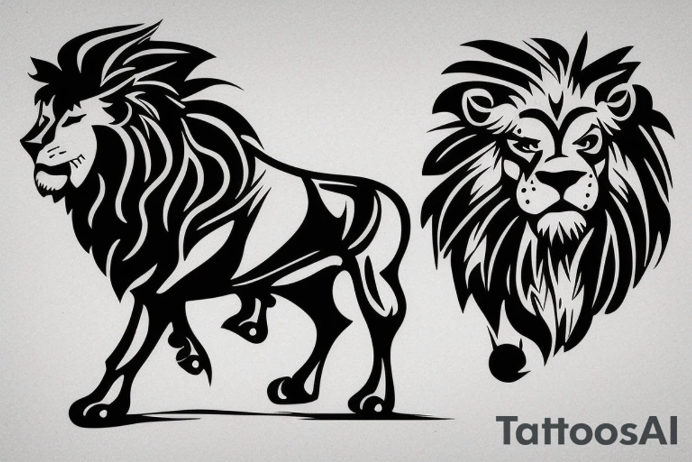 A bull walking and a lion running tattoo idea