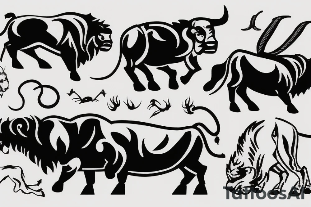 A Bull Taurus walking and a lion Leo running tattoo idea