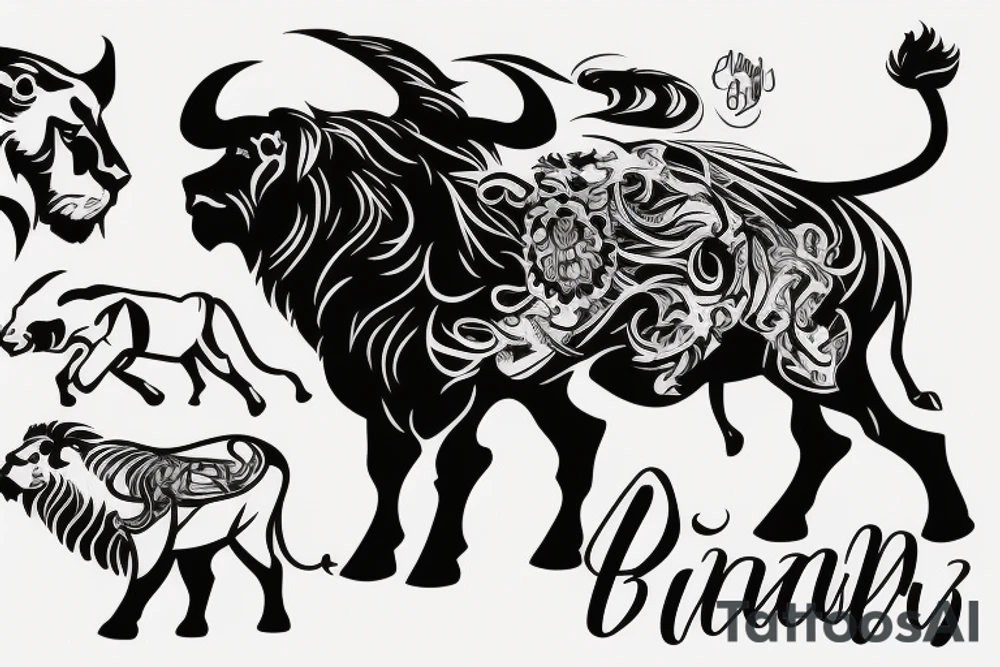 A Bull Taurus walking and a lion Leo running tattoo idea